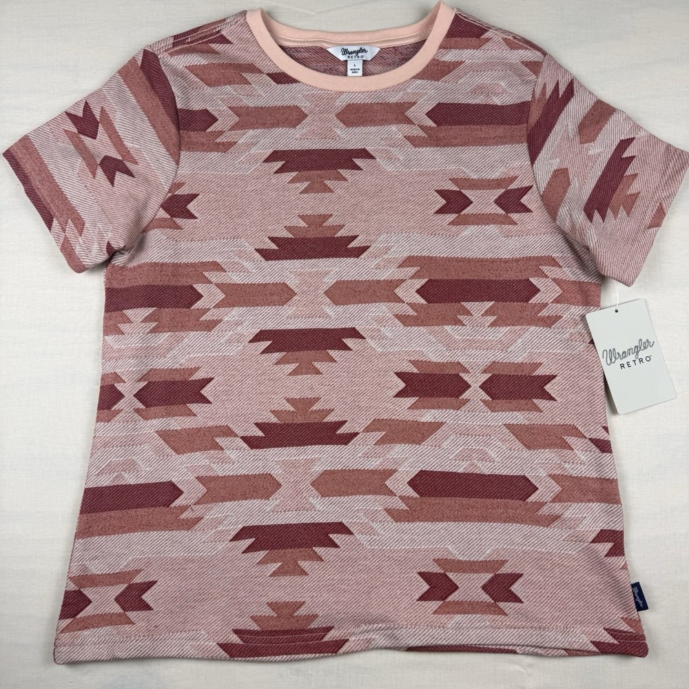 Wrangler Retro Womenโs Large Southwestern Aztec Knit Tee Pink NWT 112360789